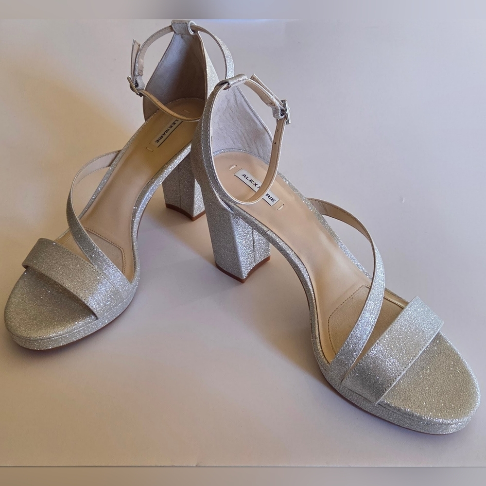 Alex Marie Silver Metallic Strappy Block Heel Sandals, Size 9M